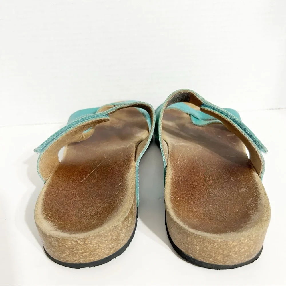 Vionic Teal Leather Pamplona Slide Sandals Cork Orthaheel Footbed Rubber Tread🩵
